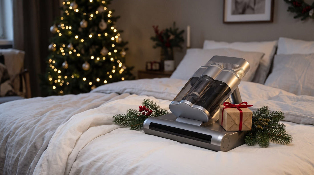 MiteGuard Milbensauger als Weihnachtsgeschenk auf einem Bett vor einem Weihnachtsbaum