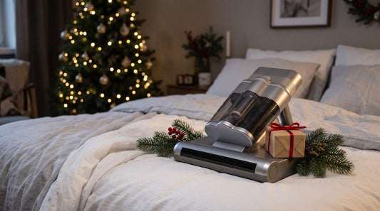 MiteGuard Milbensauger als Weihnachtsgeschenk auf einem Bett vor einem Weihnachtsbaum