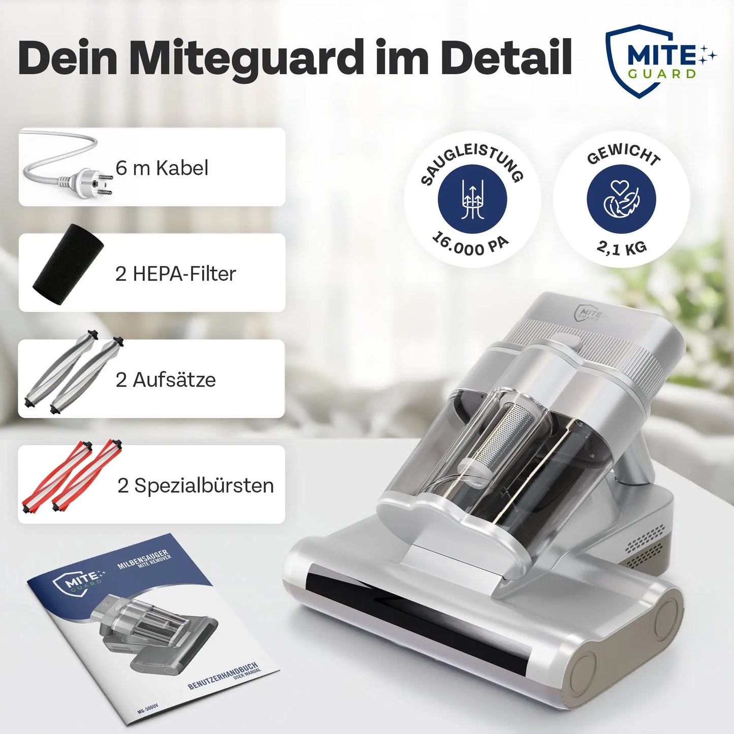 MITEGUARD MG-500UV Milbensauger - Effektiver Schutz gegen Hausstaubmilben MiteGuard
